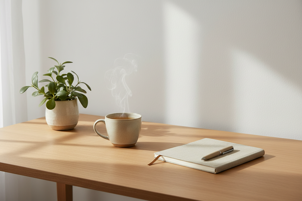 “2:3 vertical ultra-high-quality photo (8K), minimal natural workspace scene. A clean light-wood desk with a warm herbal tea mug, a beige linen notebook, and a simple olive-green plant in a ceramic pot. Soft natural lighting, white background, calm atmosphere, premium lifestyle photography, soft shadows, realistic textures. Minimal, elegant, home wellness style matching Lunavid aesthetic. No people, no text.”