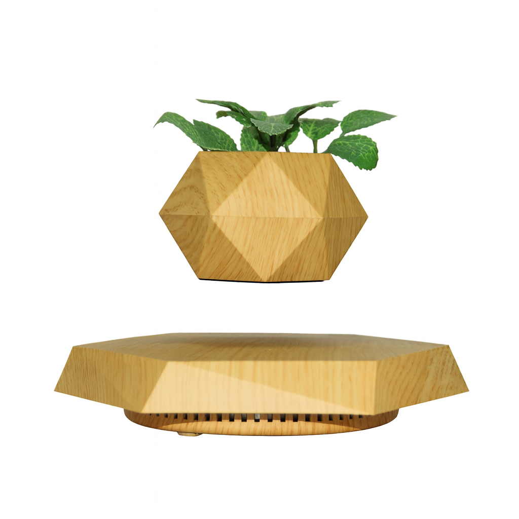 Magnetic Floating Hexagon Wood Grain Pot – Levitating Planter